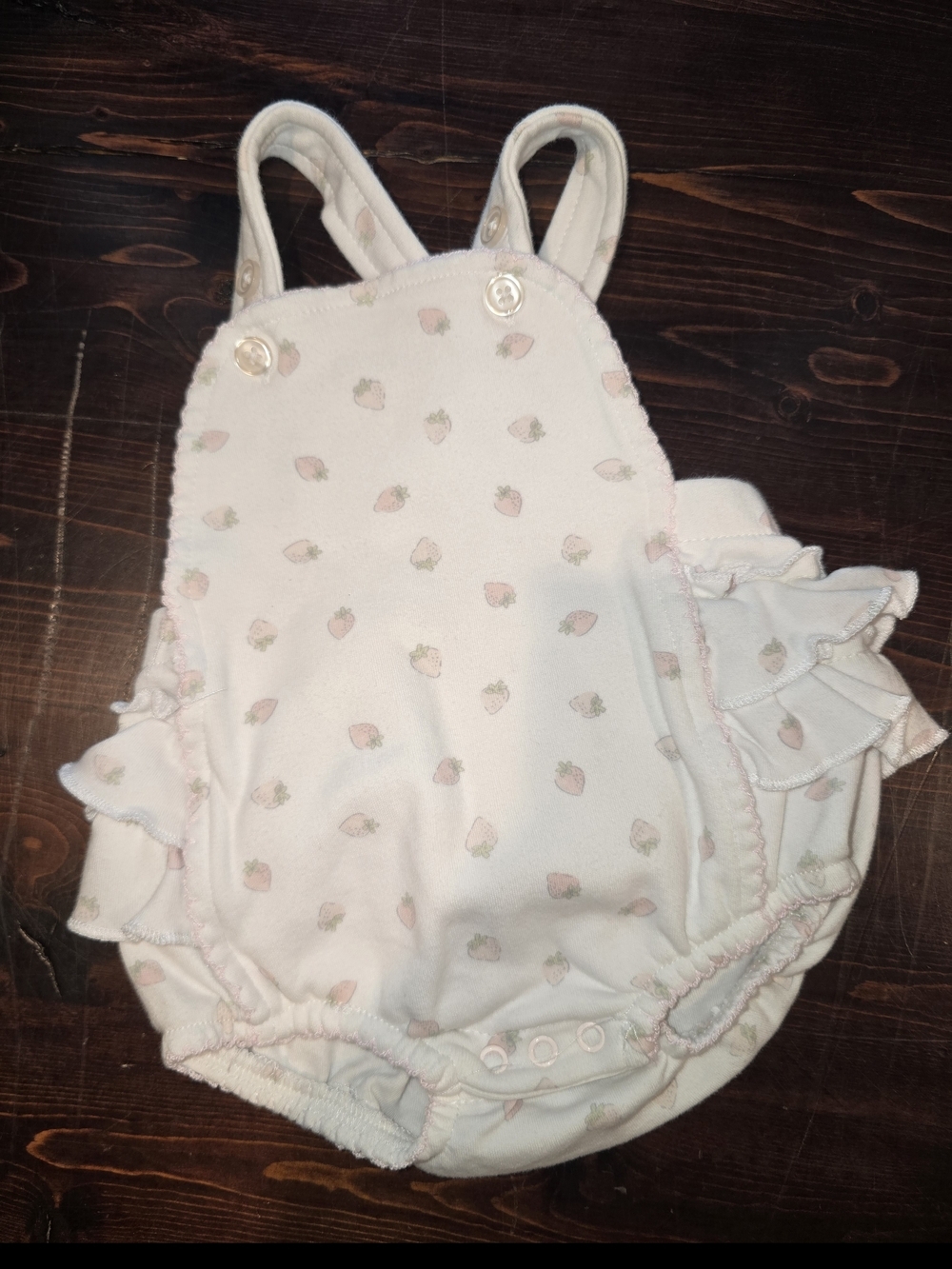 Little Threads White & Pink Strawberry Ruffle Romper Bubble | Infant Girl Size
